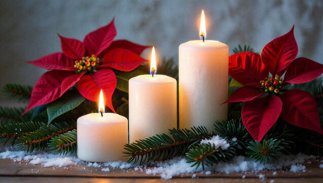 Warm glow of three white pillar candles illuminating festive red poinsettias and evergreen branches dusted with snow on a wooden surface Third Day of Advent - Powered by Adobe