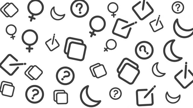 Pattern of Gender Symbols and Question Marks, Abstract Graphic Design, Digital Illustration, Minimalist Black and White, Top View, Conceptual Diversity