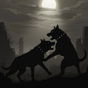 Two Wolves Fighting in Dark City with Moon
