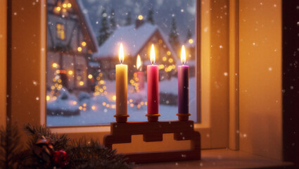 Cozy christmas scene with four lit advent candles on a windowsill overlooking a snowy village and festive lights Third Day of Advent