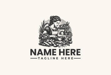 Vector illustration logo of a woman with fresh produce for a farmers market or organic food business