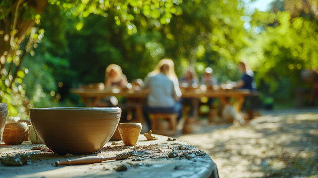 Exploring creativity at a pottery workshop surrounded by nature with a small group of enthusiastic artisans enjoying the outdoor experience - Powered by Adobe