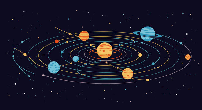 Solar system illustration planets orbiting a star within colorful orbits against a space background ideal for astronomy education and scientific visualizations.