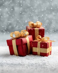 Stack of red christmas gift boxes with golden ribbons on snowy winter background