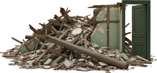 A pile of rubble composed of concrete wood debris and plaster from a demolished building with an intact green door standing open to the side