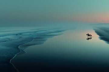 Naklejka premium Serenity of a Misty Beach with Lone Horse at Dawn - Tranquil Landscape for Calmness and Reflection