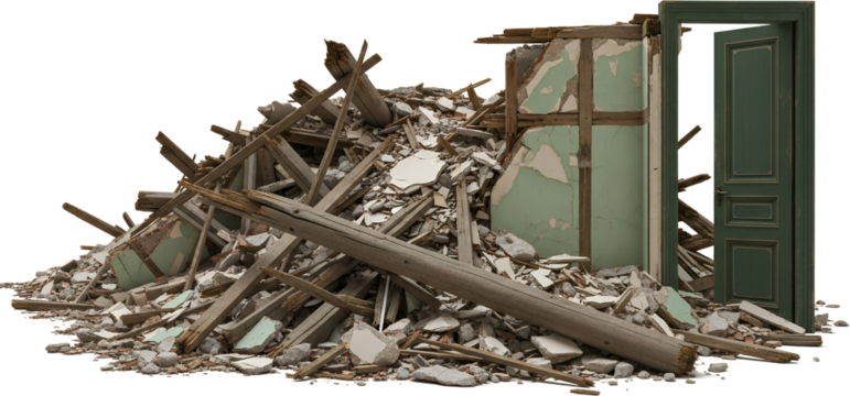 A pile of rubble composed of concrete wood debris and plaster from a demolished building with an intact green door standing open to the side