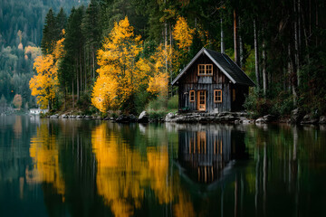 Fototapeta premium Tranquil Autumn Cabin Retreat by the Lakeside in a Serene Forest