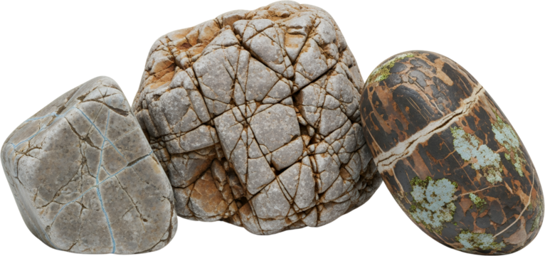 Three textured stones with visible cracks and variations in color and patterns some with moss rocks natural cracked earthy