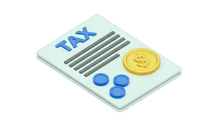 Tax Document With Gold Coin and Blue Tokens Isolated on Transparent Background Represents Financial Accounting and Economic Planning