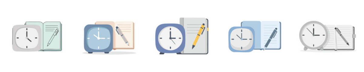 Productivity Clock And Notebook Icon Set For Office Work Design