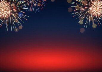 Bright fireworks display against a dark blue and red gradient background