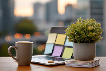Cozy Workspace with Coffee Mug, Post-It Notes, Laptop, and Plant for Productive Office Environment