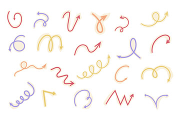 Spiral arrow doodle, collage cutout wavy twist minimal squiggly line set. Curve comic turn way cut out direction. Playful quirky simple free hand elements. 