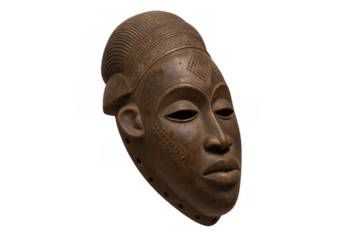African tribal mask, wood carving artwork featuring cultural patterns, isolated on transparent background