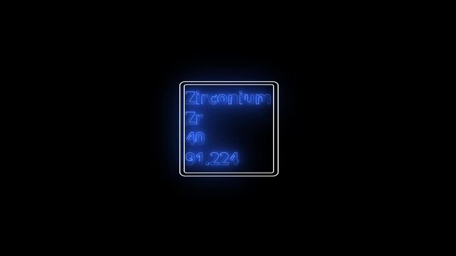 Glowing neon Zirconium element animation. Neon Zirconium element animated on black background. 4k