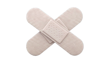 Two Light Beige Adhesive Bandages Crossed in an X Shape with a Smaller Bandage Placed on Top Against a Transparent Background