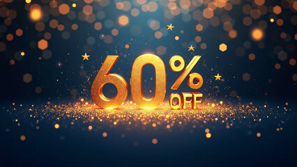 Golden “60% OFF” glows in blue haze—sparkles and bokeh evoke urgency, celebration, and the dazzling allure of a festive sale.
