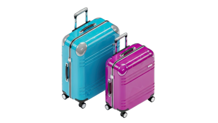 Two Vibrant Rolling Suitcases One Teal Blue and One Magenta Pink on a Clean Transparent Background Ideal for Travel and Luggage Concepts