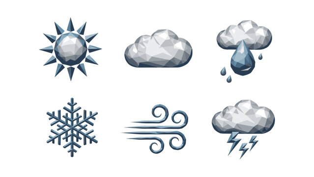 Geometric weather symbols: low poly sun, clouds, and elements