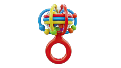 Vibrant And Colorful Baby Rattle Toy Isolated On Transparent Background With Red Handle Blue Yellow Red And Green Beads And Rings Encouraging Sensory Development