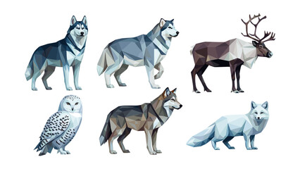 Obraz premium Geometric polygonal arctic animals collection featuring wolves, reindeer, owl, and fox