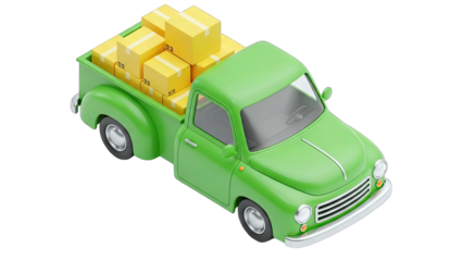 Vibrant Green Vintage Pickup Truck Fully Loaded with Cardboard Packages for Delivery on a Transparent Background Offering a Clear View of the Vehicle and Cargo