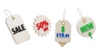 Various Price Tags and Sale Labels Featuring SALE 50% OFF NEW and $19.99 on a Clean Transparent Background for Retail Promotions