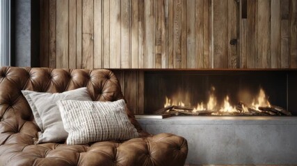 Luxurious Living Room Featuring Brown Tufted Leather Armchair with Cushions near Modern Fireplace with Wood Paneling and Natural Light