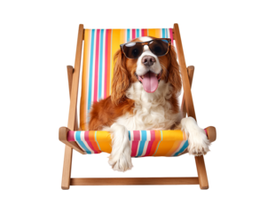Dog in Sunglasses Relaxing on a Colorful Beach Deck Chair isolated on a transparent background