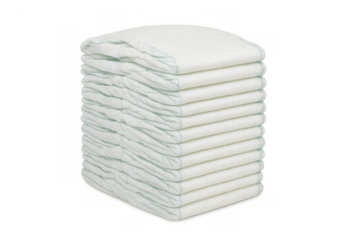 Stack of clean white baby diapers for infant hygiene and childcare, showing absorbent disposable products, transparent background