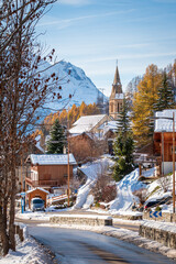 Church in Huez village, French Alps