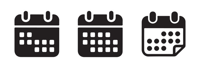 Three distinct black calendar icons, one with folded corner, displaying various day configurations on white background