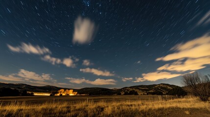 Long exposure night sky with star trails and illuminated clouds over landscape