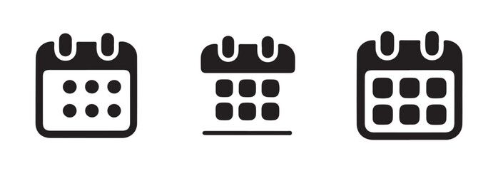 Set of simple vector icons showing calendar with dots representing days of month isolated on white background