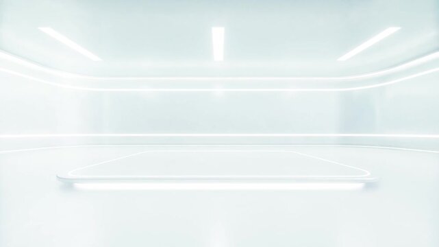 Abstract architecture space with empty white podium, Geometric with neon light, Sci-fi interior with stage for product presentation, 3d rendering