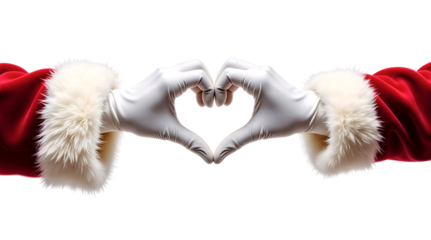 Santa claus hands making a heart shape on a transparent background, Christmas love gesture