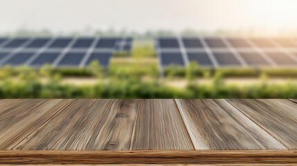 Wooden Table Copy Space with Blurred Solar Panels – Eco Energy Background Layout