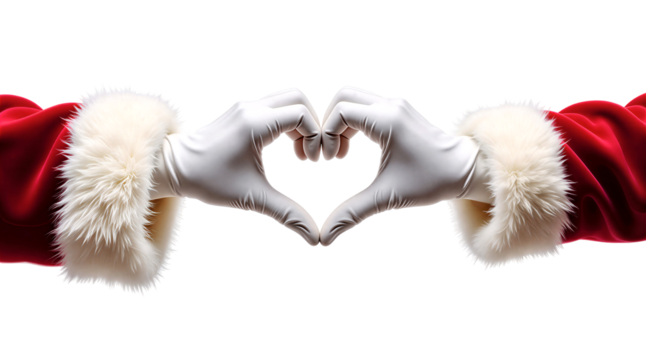 Santa claus hands making a heart shape on a transparent background, Christmas love gesture