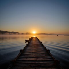 Obraz premium Scenic Wooden Pier Over Calm Water at Sunrise with Reflection and Mist in the Distance