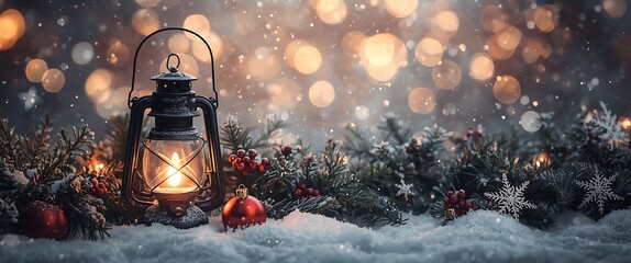 Christmas Lantern in Snowy Winter Scene