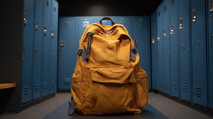 Front-facing shot of a yellow rucksack positioned in the center, with lockers in the background. The bag sits on a bench, against the backdrop of stacked blue lockers.