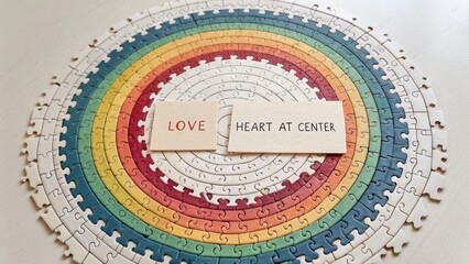 A completed colorful puzzle with the word LOVE at the heart center