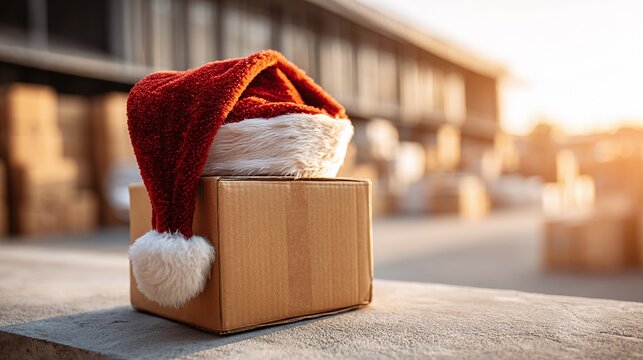 Christmas delivery is here! Santa's hat sits atop a package in front of the shipping warehouse, ready to bring holiday cheer to your doorstep. Happy Holidays!