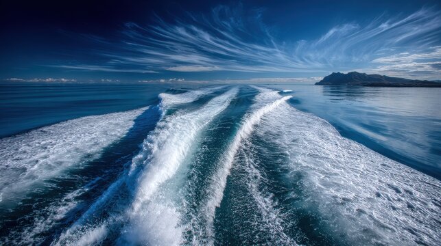 A boat wake creating swirling patterns of white foam in the sea