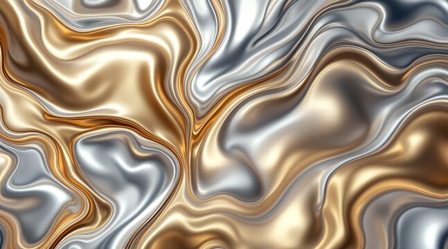 Abstract flowing gold and silver metallic liquid texture creating a vibrant opulent pattern for luxury elegance concept and modern design background