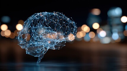 Abstract Digital Brain Illuminated With Blue Lights Against Blurred Cityscape at Night
