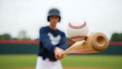 Baseball player about to hit the ball with a wooden bat on a baseball field