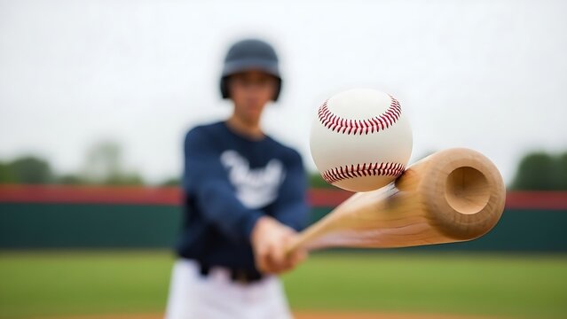 Baseball player about to hit the ball with a wooden bat on a baseball field