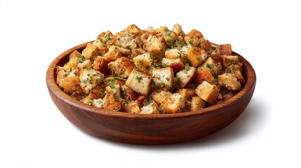 A scrumptious bowl of seasoned bread cubes is a savory delight. Each cube is lightly toasted, offering a perfect blend of texture and taste. This is a delicious side dish!